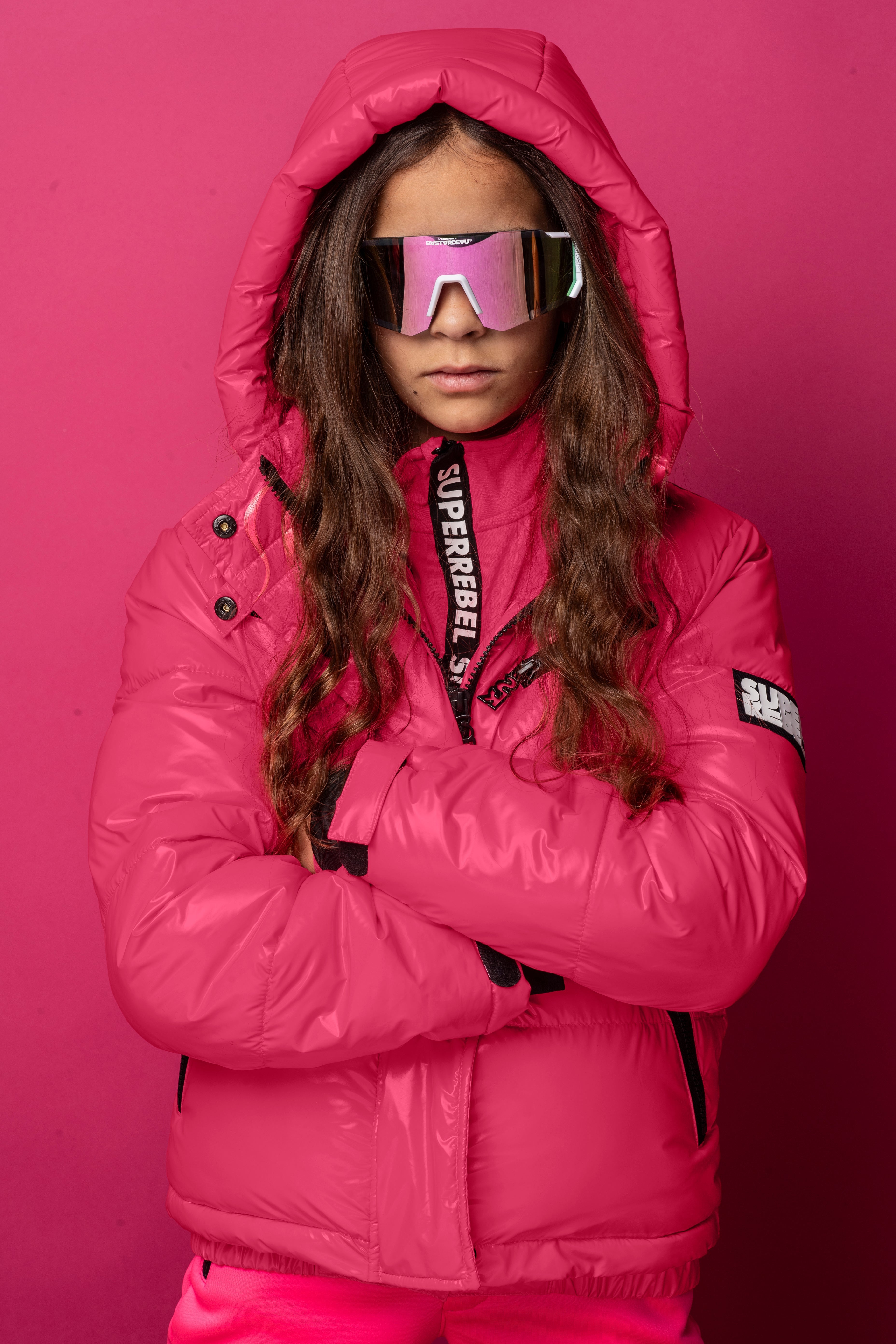 SUPER REBEL SPICY Shiny Hooded Ski Jacket Fluopink R609-5214 212 